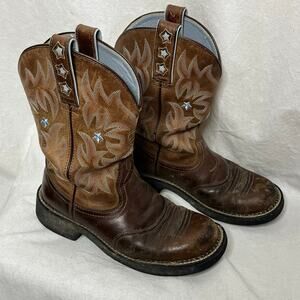 Ariat Probaby Western Boot Women Driftwood‎ Brown and Blue Size 7B Stacked Heel